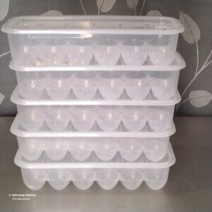 5 BPA Free Clear Stackable Space-Saver Plastic Refrigerator Egg Holders & Lids